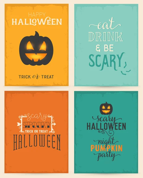 Elementos de diseño de fiesta de Halloween en estilo vintage. Set de tarjetas de felicitación tipográficas coloridas de Halloween. Ilustraciones vectoriales — Vector de stock