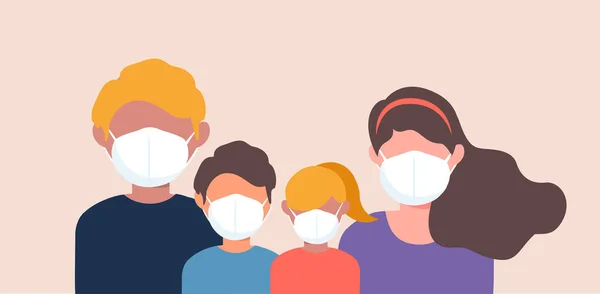 Familia Que Usa Mascarillas Médicas Protectoras Para Prevenir Enfermedades Ilustración — Vector de stock