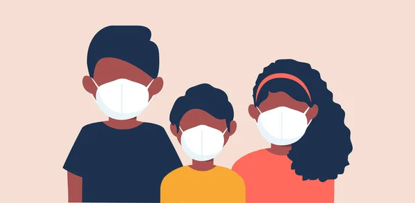 Familia Que Usa Mascarillas Médicas Protectoras Para Prevenir Enfermedades Ilustración — Vector de stock