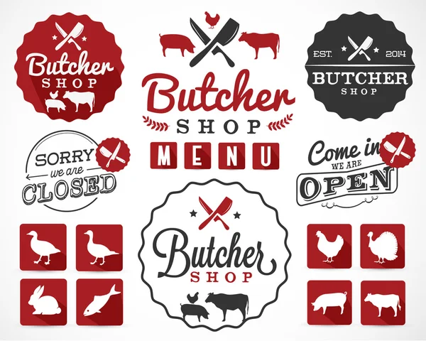 Butcher Shop Design Elements, Badges and Labels in Vintage Style — Stock Vector