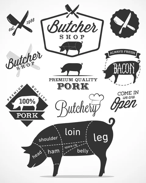 Diagrama de cortes de carne de porco e elementos de design de carnificina em estilo vintage — Vetor de Stock