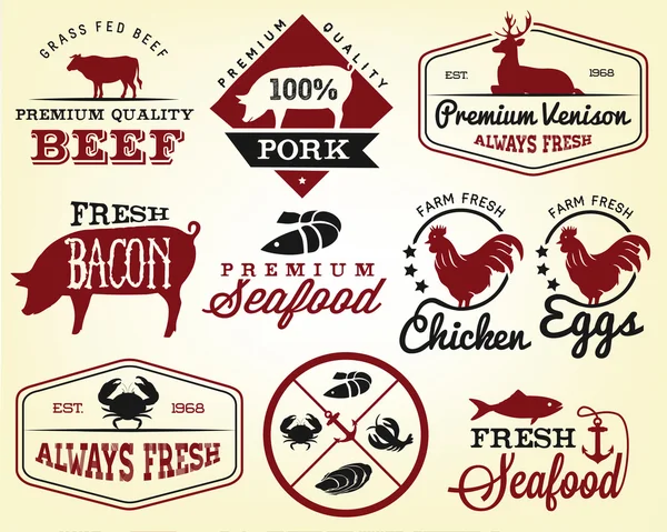 Collection d "étiquettes et d" éléments de design haut de gamme pour boeuf, poulet et porc dans un style vintage — Image vectorielle