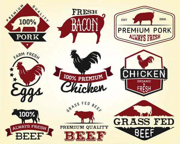 Collection of Premium Beef, Chicken and Pork Labels and Design Elements in Vintage Style — Stock Illustration Collection of Premium Beef, Chicken and Pork Labels and Design Elements in Vintage Style Stock Illustration