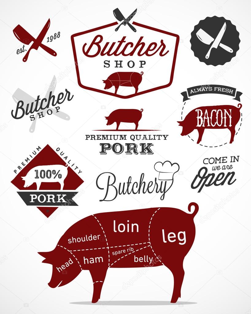 Pork Cuts Diagram and Butchery Design Elements in Vintage Style