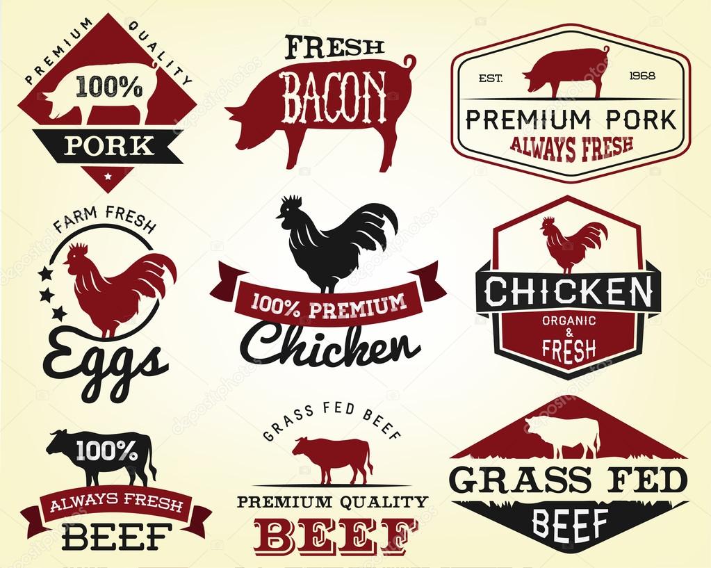 Collection of Premium Beef, Chicken and Pork Labels and Design Elements in Vintage Style