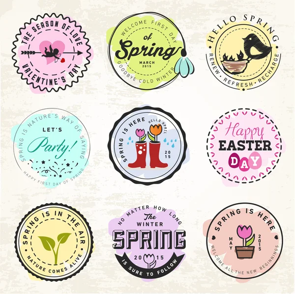 Insignias de primavera y elementos tipográficos en estilo vintage — Vector de stock