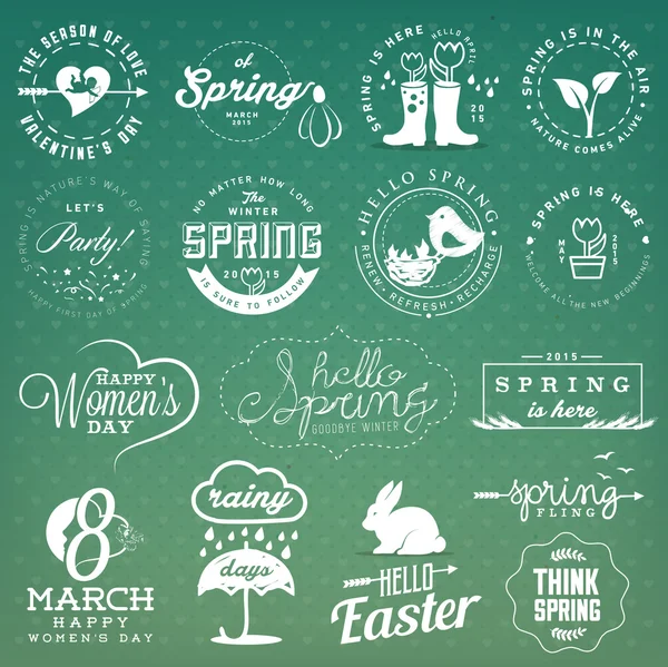 Ilustraciones de primavera, insignias y elementos tipográficos en estilo vintage — Vector de stock