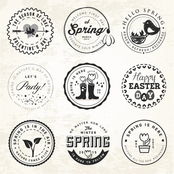 Insignes de printemps et éléments typographiques dans un style vintage — Image vectorielle