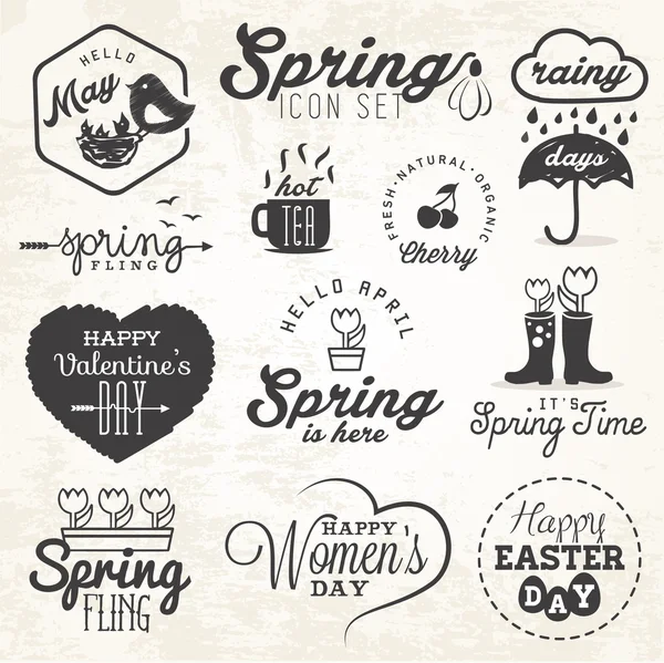 Cute Spring Illustrations and Badges Set — Stock Vector