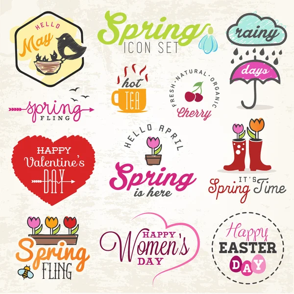 Lindo conjunto de ilustraciones e insignias de primavera — Vector de stock