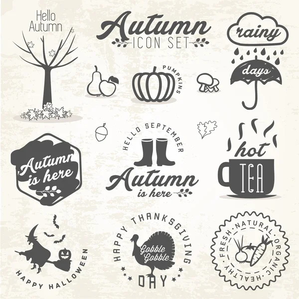 Lindas ilustraciones e insignias de otoño ambientadas en estilo vintage — Vector de stock