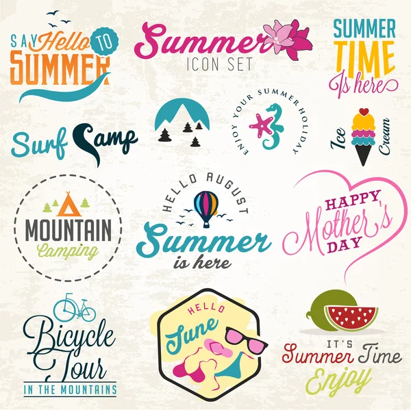 Cute Summer Illustrations and Badges Set — Stock Vector