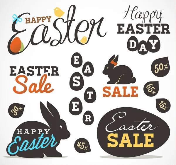 Easter Greeting Card Design Elements, Labels and Badges in Vintage Style. Vector Illustrations — Stock Vector