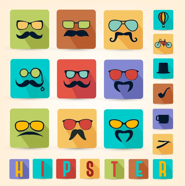 Colorful Retro Hipster Accessories, Glasses and Mustaches with Long Flat Shadow — Stock Vector