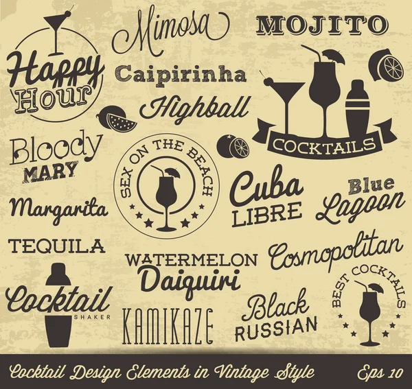 Éléments de design Cocktail dans un style vintage. Étiquettes et insignes calligraphiques. Illustration vectorielle . — Image vectorielle