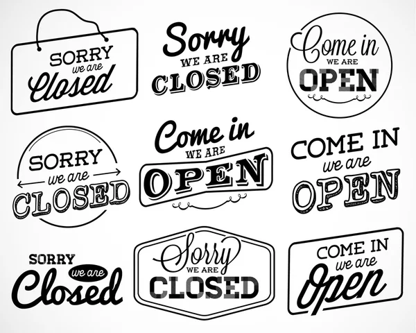 Açık ve kapalı iş etiketleri ve rozetleri Vintage tarzı
