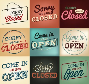 Renkli açık ve kapalı iş etiketleri ve rozetleri Vintage tarzı