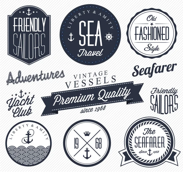 Collection of Vintage Nautical Badges and Labels in Retro Style — Stock Vector