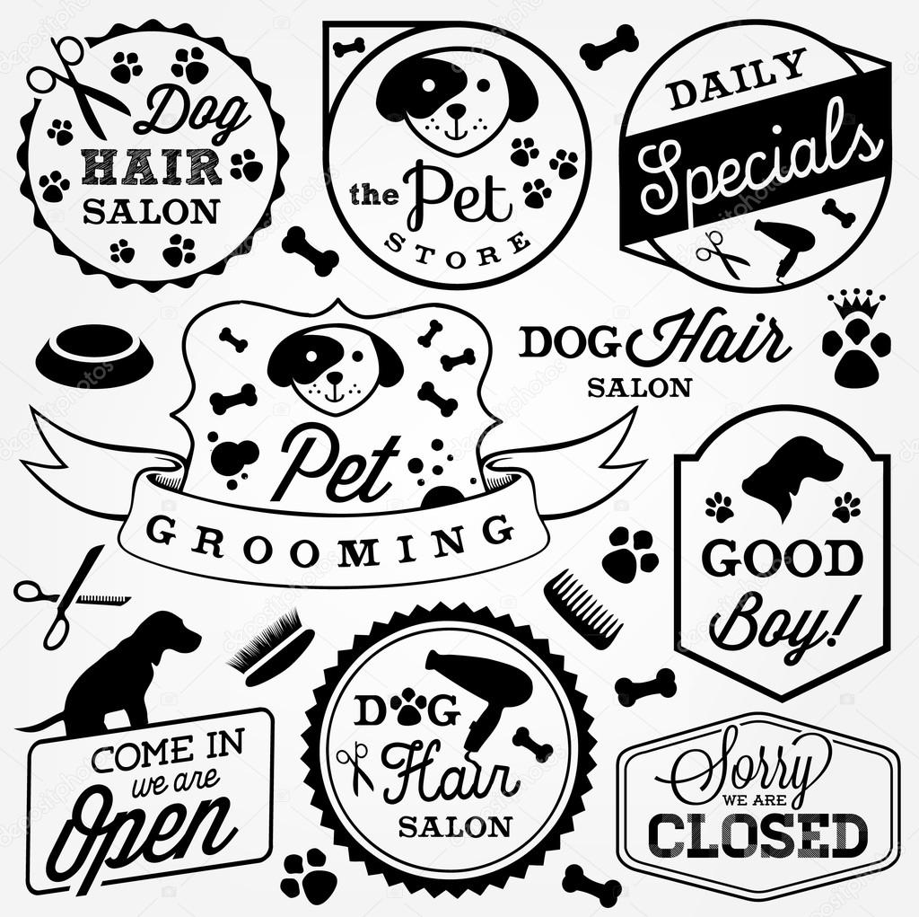 Collection of Pet Hair Salon and Store Badges in Vintage Style. Vector Design Elements