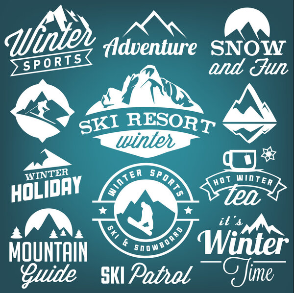 Коллекция значков и ярлыков зимних видов спорта. Элементы векторного дизайна в винтажном стиле
