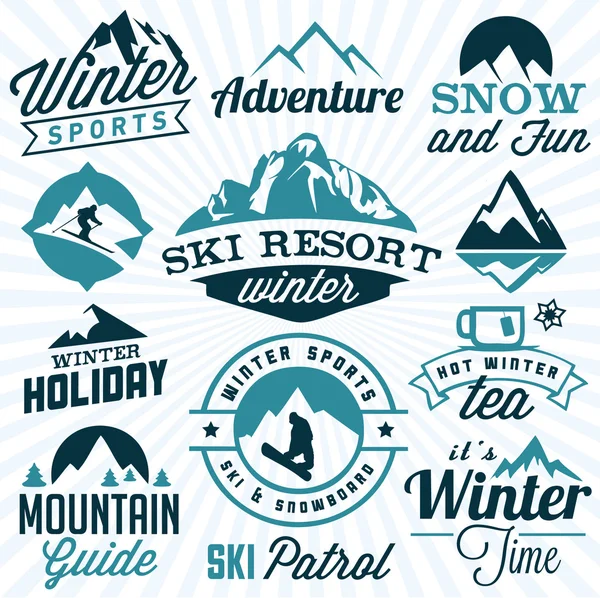 Collection of Winter Sports Badges and Labels. Vector Design Elements in Vintage Style — Stock Vector