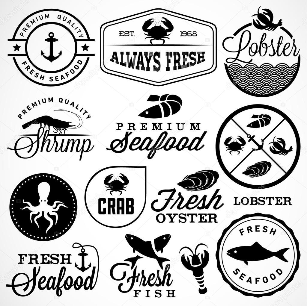 Collection of Seafood Restaurant Labels, Badges and Icons in Vintage Style