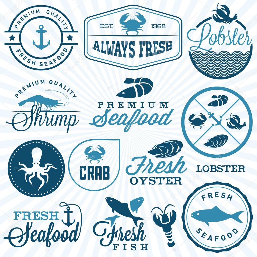 Collection of Seafood Restaurant Labels, Badges and Icons in Vintage Style