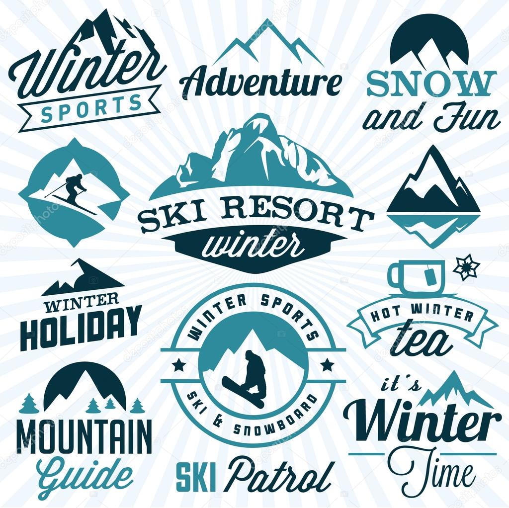 Collection of Winter Sports Badges and Labels. Vector Design Elements in Vintage Style