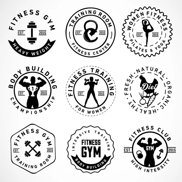 Sport, fitnesz, Body Building, jóga jelvények és címkék Vintage stílusban — Stock Vector