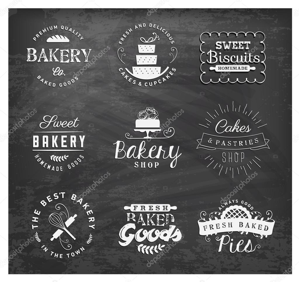 Typographical Bakery Labels, Badges and Design Elements on Chalkboard