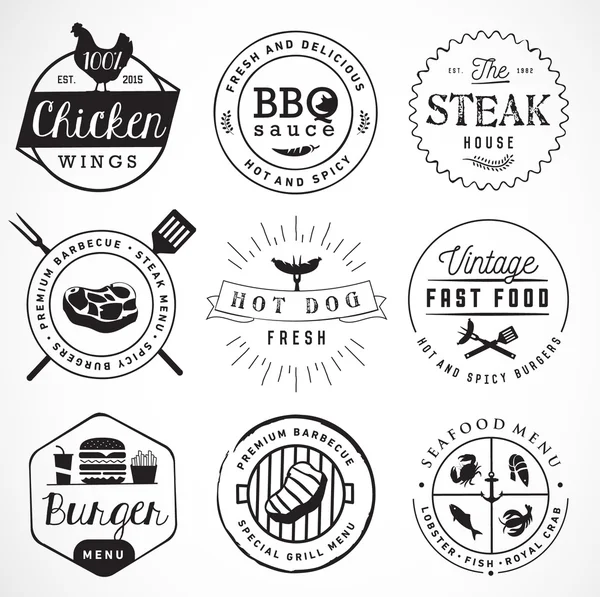 Parrilla, Barbacoa, Hamburguesas, Perros calientes, Elementos de diseño de mariscos en estilo vintage — Vector de stock