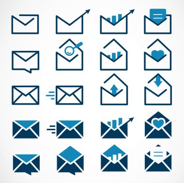 Mavi posta, mesaj ve beyaz arka plan üzerinde Zarf Icon Set