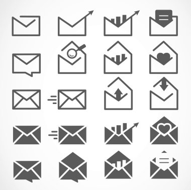 Siyah posta, mesaj ve beyaz arka plan üzerinde Zarf Icon Set
