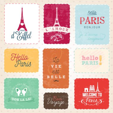 Renkli Paris rozetleri ve Vintage tarzı etiketleri
