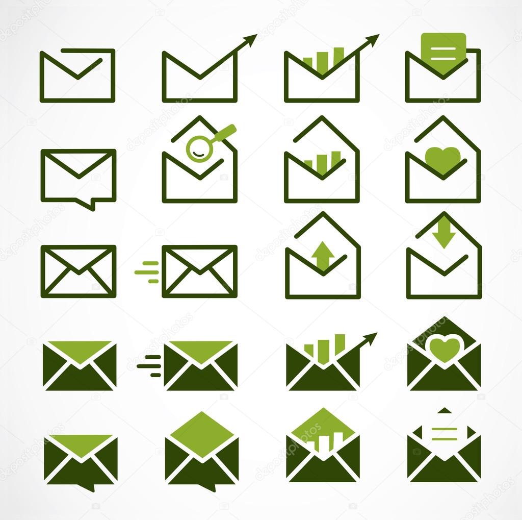 Green Mail, Message and Envelope Icon Set on White Background