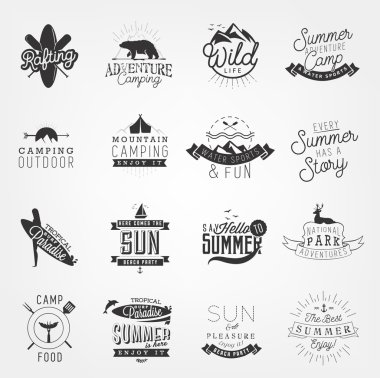 Summer, kamp ve tasarım öğeleri, rozetleri ve Vintage tarzı etiketlerinde plaj