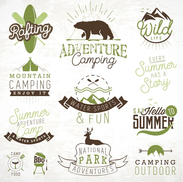 Camping Design Elements, Badges and Labels in Vintage Style — Stock Vector