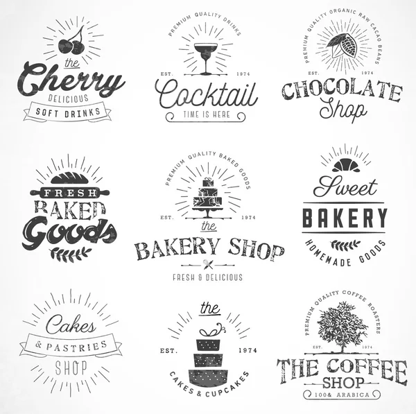 Etichette tipografiche di panetteria, caffè, cioccolato e bevande, distintivi ed elementi di design in stile vintage — Vettoriale Stock