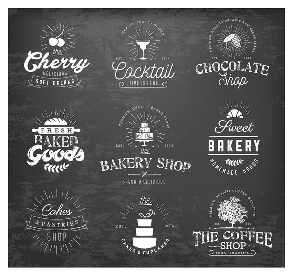 Tipografik ekmek, kahve, çikolata ve içecekler etiketleri, rozetleri ve tasarım öğeleri Vintage tarzı