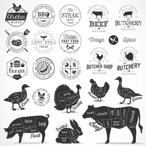 Butchery Shop Design Elements and Badges in Vintage Style — Stock Vector