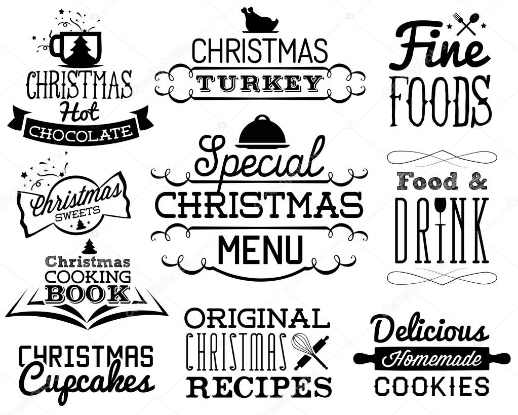 Collection of Christmas Calligraphic Designs in Vintage Style. Traditional Christmas Foods and Drinks