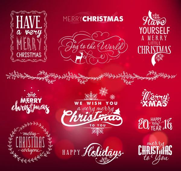 Elementos, insignias y etiquetas de diseño navideño en estilo vintage sobre fondo rojo — Vector de stock