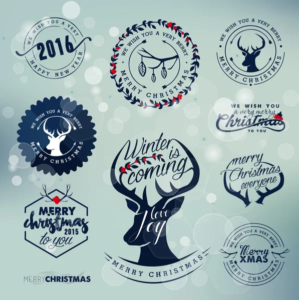 Elementos, insignias y etiquetas de diseño navideño en estilo vintage — Vector de stock