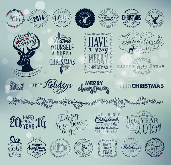 Christmas and New Year Design Elements, Badges and Labels in Vintage Style — Stock Vector