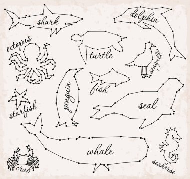 Soyut çizgi ve nokta deniz hayvanları vektör çizimler ayarla