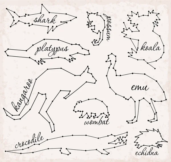 Linea astratta e puntino australiano animali set vettoriale illustrazioni — Vettoriale Stock