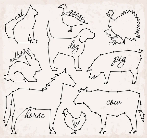 추상 라인과 도트 농장 동물 설정 벡터 일러스트 — 스톡 벡터