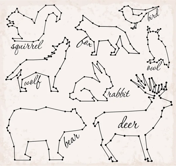 Streszczenie linii i zwierzęta leśne Dot zestaw ilustracji wektorowych — Wektor stockowy