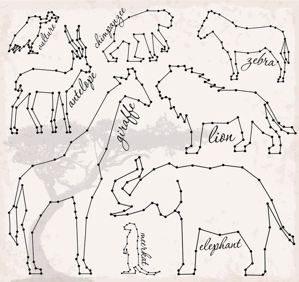 추상 라인과 도트 사바나 동물 설정 벡터 일러스트 — 스톡 벡터