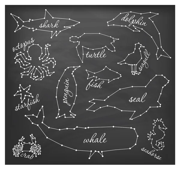 Soyut çizgi ve nokta deniz hayvanları vektör çizimler ayarla — Stok Vektör